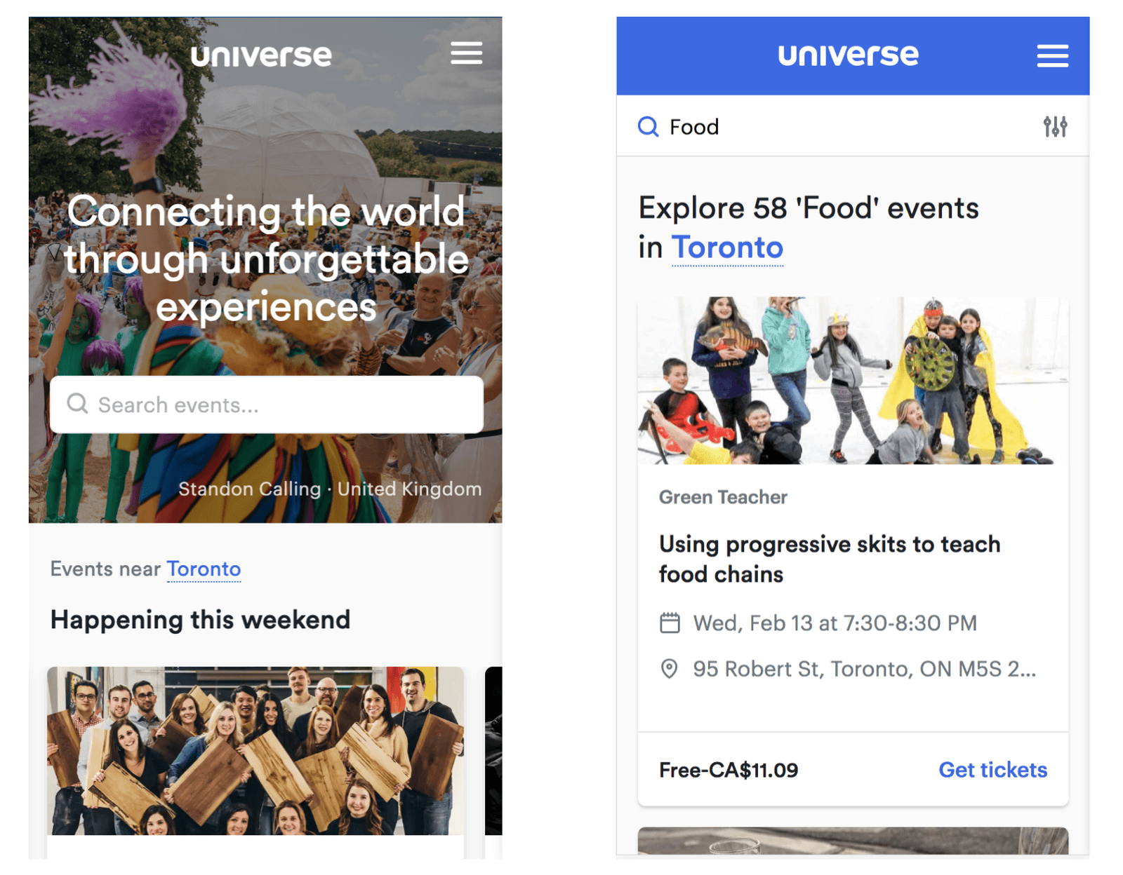 Universe homepage and explore